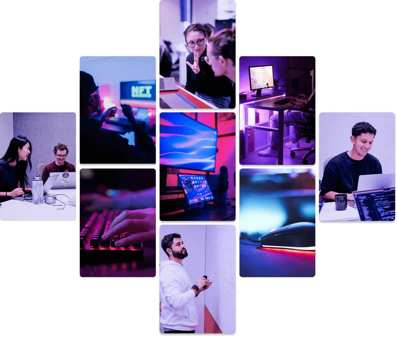 A collage of game developers and gamers working on, and playing, web3 games